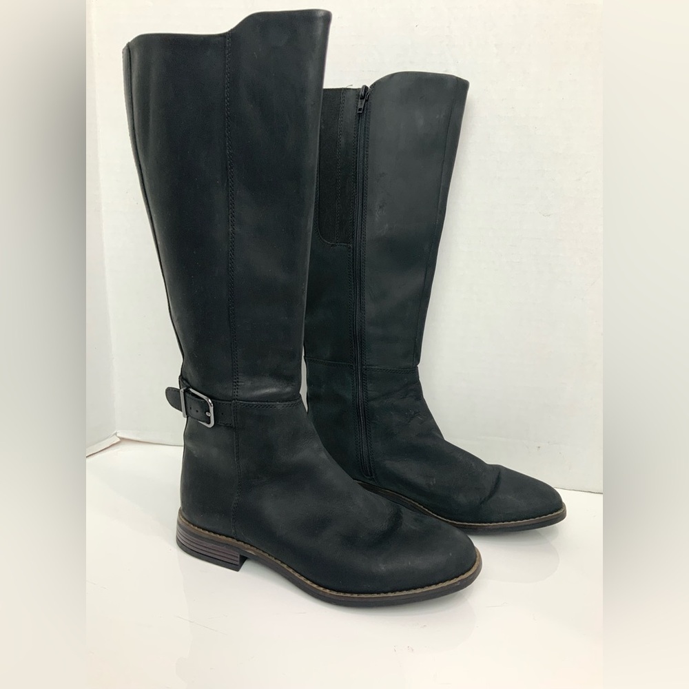 Clarks Sz 7.5 Camzin Branch Black Leather Buckle Zip Up‎ Knee Tall Riding Boots